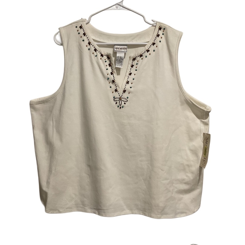 Napa Valley Beaded Tank Top White V-neck Southwestern Boho‎
